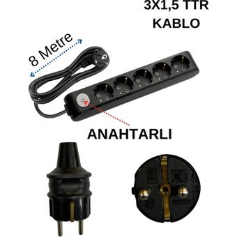 Avarson 3500 W Kalın Topraklı Anahtarlı 5'li 8 m Uzatma Kablosu Siyah