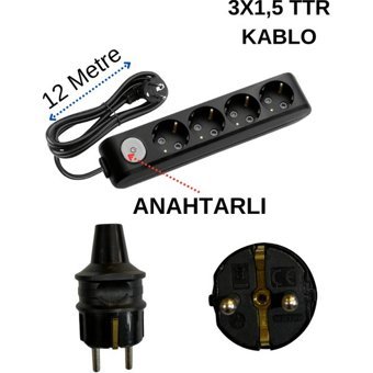Avarson 3500 W Kalın Topraklı Anahtarlı 4'lü 12 m Uzatma Kablosu Siyah