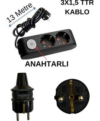 Avarson 3500 W Kalın Topraklı Anahtarlı 2'li 13 m Uzatma Kablosu Siyah