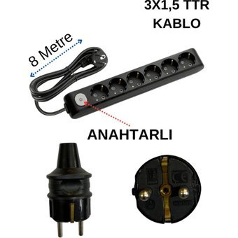 Avarson 3500 W Kalın Topraklı Anahtarlı 6'lı 8 m Uzatma Kablosu Siyah