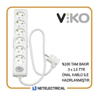 Viko Kalın Topraklı Anahtarlı 6'lı 25 m Grup Priz Beyaz
