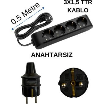 Avarson 3500 W Kalın Topraklı 4'lü 0.5 m Uzatma Kablosu Siyah