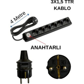 Avarson 3500 W Kalın Topraklı Anahtarlı 6'lı 4 m Uzatma Kablosu Siyah