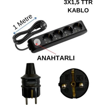 Avarson 3500 W Kalın Topraklı Anahtarlı 4'lü 1 m Uzatma Kablosu Siyah