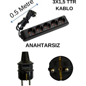 Avarson 3500 W Kalın Topraklı 5'li 0.5 m Uzatma Kablosu Siyah
