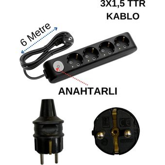 Avarson 3500 W Kalın Topraklı Anahtarlı 4'lü 6 m Uzatma Kablosu Siyah