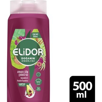 Elidor Doğanın Enerjisi Güç ve Parlaklık Kuru Saçlar İçin Tüm Saçlar İçin Avokado - Üzüm Çekirdeği Parabensiz Şampuan 500 ml