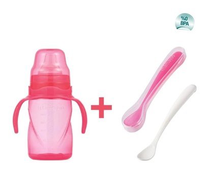Mamajoo Akıtmaz Kulplu 6+ Ay 270 ml Alıştırma Bardağı Pembe + İkili Beslenme Kaşığı
