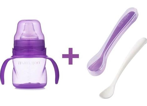 Mamajoo Akıtmaz Kulplu 6+ Ay 160 ml Alıştırma Bardağı Mor + İkili Beslenme Kaşığı