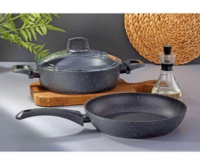 Bonera Vogue 3 Parça Cam Kapaklı Bakalit Saplı Granit Tencere ve Tava Seti