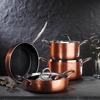 Brioni Copperfield 7 Parça Cam Kapaklı Çelik Saplı Granit Tencere ve Tava Seti
