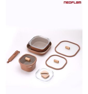 Neoflam Fika Comfort 10 Parça Cam Kapaklı Ahşap Saplı Alüminyum-Seramik Tencere ve Tava Seti