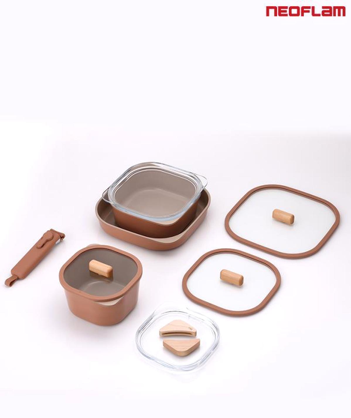 Neoflam Fika Comfort 10 Parça Cam Kapaklı Ahşap Saplı Alüminyum-Seramik Tencere ve Tava Seti