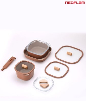 Neoflam Fika Comfort 10 Parça Cam Kapaklı Ahşap Saplı Alüminyum-Seramik Tencere ve Tava Seti