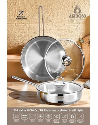Amboss Saphire 4 Parça Cam Kapaklı Çelik Saplı Paslanmaz Çelik Tava Seti