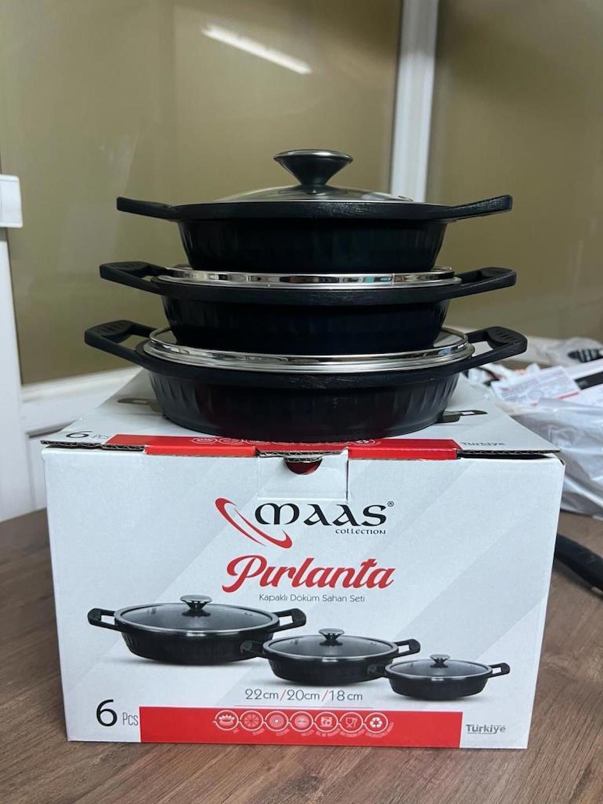 Maas Pırlanta 6 Parça Cam Kapaklı Bakalit Saplı Döküm Tava Seti