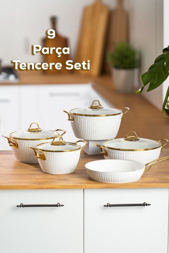 Lines Maya 9 Parça Cam Kapaklı Metal Saplı Granit-Seramik Tencere ve Tava Seti