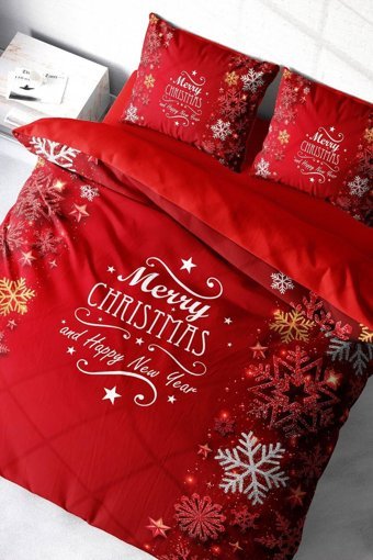 Monohome Merry Christmas Pamuk-Saten 4 Mevsim 200 x 220 cm 3D Desenli Çarşaflı Çift Kişilik Nevresim Takımı Kırmızı