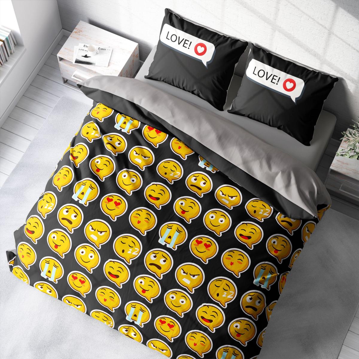 Monohome I Love Emoji Pamuk-Saten 4 Mevsim 200 x 220 cm 3D Desenli Çarşaflı Çift Kişilik Nevresim Takımı Siyah-Gri