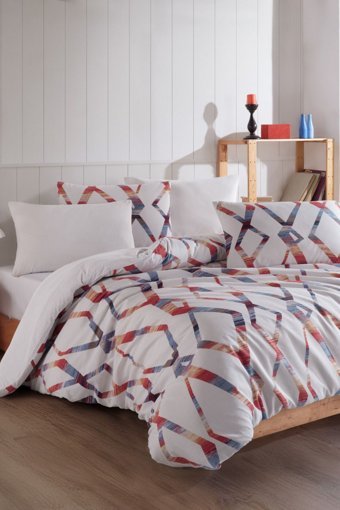 Conzaliza SER001 Pamuk-Polyester 4 Mevsim 200 x 220 cm Lastikli Geometrik Desenli Çarşaflı Çift Kişilik Nevresim Takımı Çok Renkli