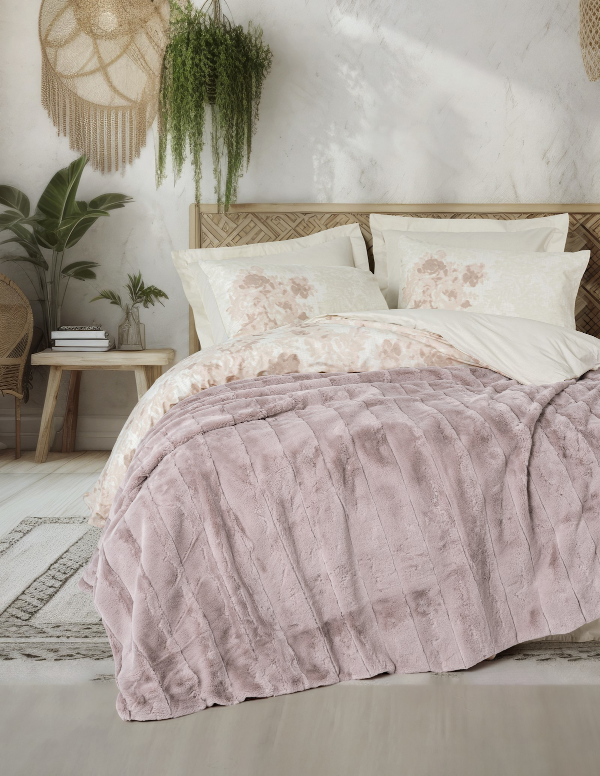 Cotton Box Trim Pamuklu 4 Mevsim 200 x 220 cm Desenli Çarşaflı Çift Kişilik Nevresim Takımı Pudra