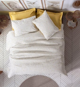 Cotton Box Petite Pamuklu 4 Mevsim 160 x 200 cm Lastikli Desenli Çarşaflı Çift Kişilik Nevresim Takımı Hardal