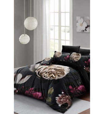 Monohome Flower Pamuk-Saten 4 Mevsim 200 x 220 cm Lastikli Desenli Çarşaflı Çift Kişilik Nevresim Takımı Siyah