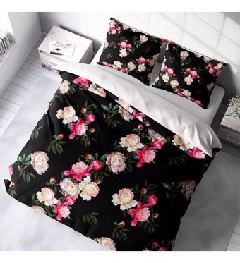 Monohome 3D Desen Pamuk-Saten 4 Mevsim 200 x 220 cm Lastikli Çiçek Desenli Çarşaflı Çift Kişilik Nevresim Takımı Siyah