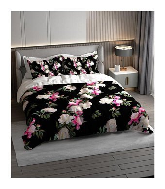 Monohome 3D Desen Pamuk-Saten 4 Mevsim 200 x 220 cm Lastikli Çiçek Desenli Çarşaflı Çift Kişilik Nevresim Takımı Siyah