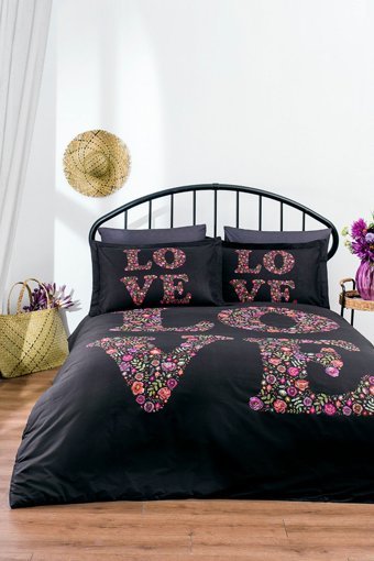 Özdilek Love Bouquet Pamuk 160x220 cm Çarşaflı Düz Renk Tek Kişilik Nevresim Takımı Siyah
