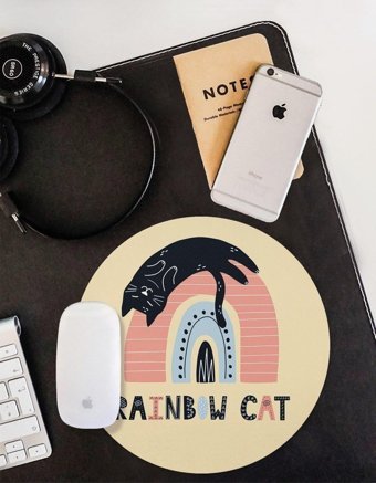 WuW Gökkuşağı Kedisi Yuvarlak 20 cm S Mousepad Çok Renkli