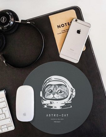 WuW Astronot Kedi Yuvarlak 20 cm S Mousepad Beyaz-Siyah