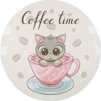 WuW Kedicik Kahve Zamanı Yuvarlak 20 cm S Mousepad Çok Renkli