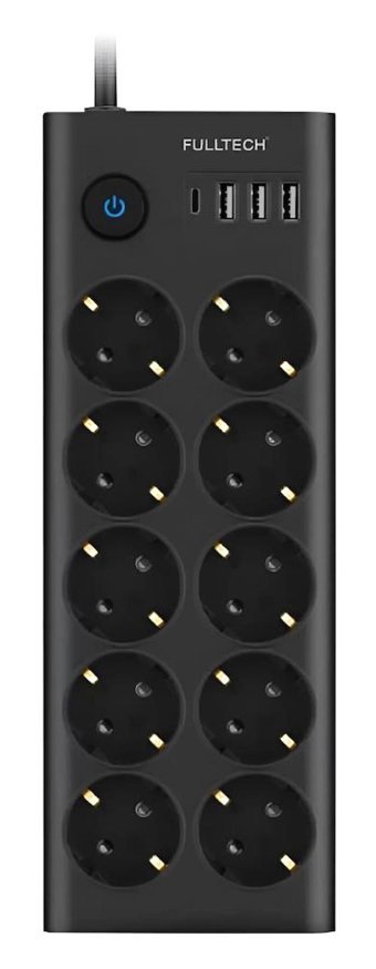 Fulltech 3680 W Kalın Anahtarlı Akım Korumalı 10'lu 1.4 m USB Uzatma Kablosu Siyah