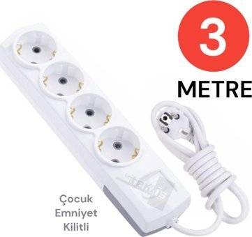 Tek-İş Topraklı Akım Korumalı 4'lü 3 m Grup Priz Beyaz