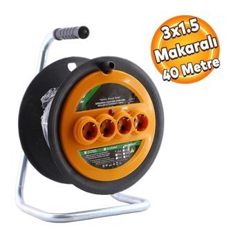 Badem10 Ttr Kablo 3500 W Kalın Topraklı 4'lü 40 m Makaralı Uzatma Kablosu Siyah-Turuncu