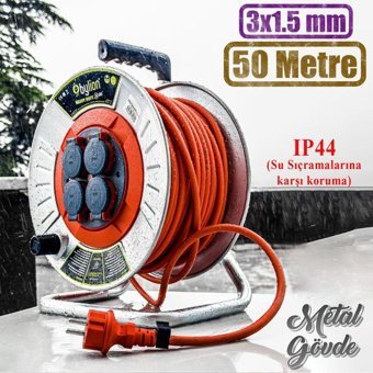 Badem10 3300 W Kalın Topraklı 4'lü 50 m Makaralı Uzatma Kablosu Beyaz