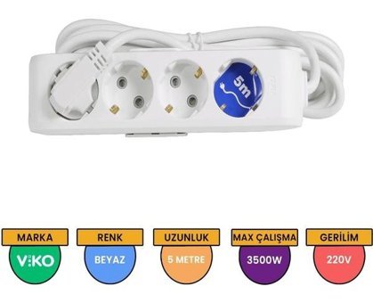 Viko 3500 W Kalın Topraklı 4'lü 5 m Uzatma Kablosu Beyaz