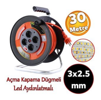 Badem10 Led Aydınlatmalı 3500 W Kalın Topraklı Anahtarlı 4'lü 30 m Makaralı Uzatma Kablosu Turuncu