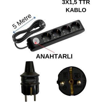 Avarson 3500 W Kalın Topraklı Anahtarlı 4'lü 5 m Uzatma Kablosu Siyah
