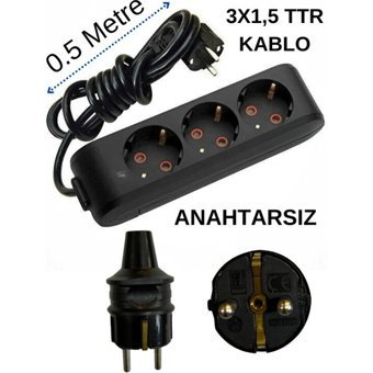 Avarson 3500 W Kalın Topraklı 3'lü 0.5 m Uzatma Kablosu Siyah