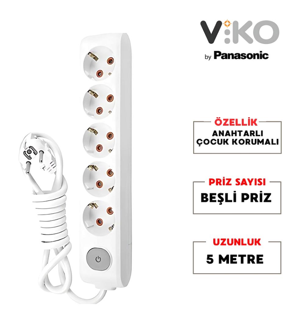 Viko Topraklı Anahtarlı Akım Korumalı 5'li 5 m Grup Priz Beyaz