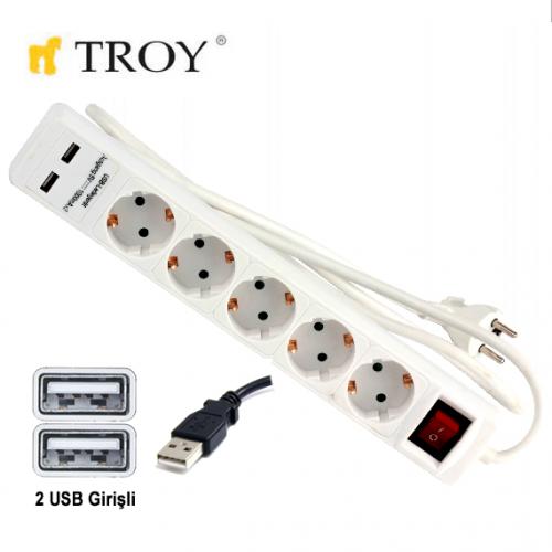 Troy 24025 Topraklı Anahtarlı Akım Korumalı 5'li 1.4 m USB Grup Priz Beyaz