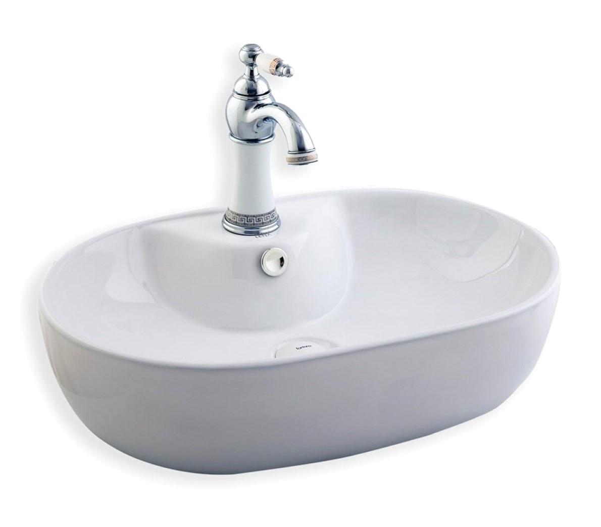 Lena E-4108 Dekoratif Tekli 61.5 cm Porselen Tezgah Üstü Oval Lavabo Beyaz