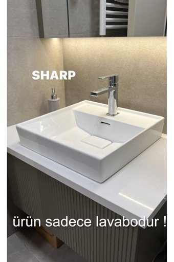 Turkuaz Seramik Sharp 037100U Dekoratif Tekli 60 cm Seramik Tezgah Üstü Dikdörtgen Lavabo Beyaz