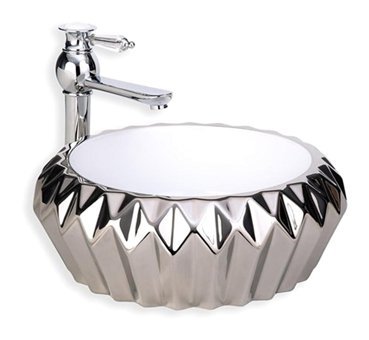 Lena E-8233 Dekoratif Tekli 41 cm Porselen Tezgah Üstü Yuvarlak Lavabo Gümüş