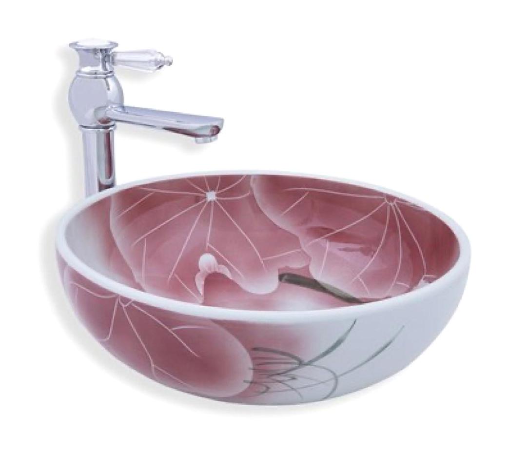 Lena E-6008 Dekoratif Tekli 40.5 cm Porselen Tezgah Üstü Yuvarlak Lavabo Pembe