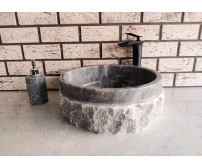Akm Dekor Natural Patlatma Vintage Tekli 40 cm Mermer Tezgah Üstü Yuvarlak Lavabo Gri