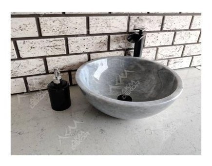 Akm Dekor Natural Patlatma Vintage Tekli 40 cm Mermer Tezgah Üstü Yuvarlak Lavabo Gri