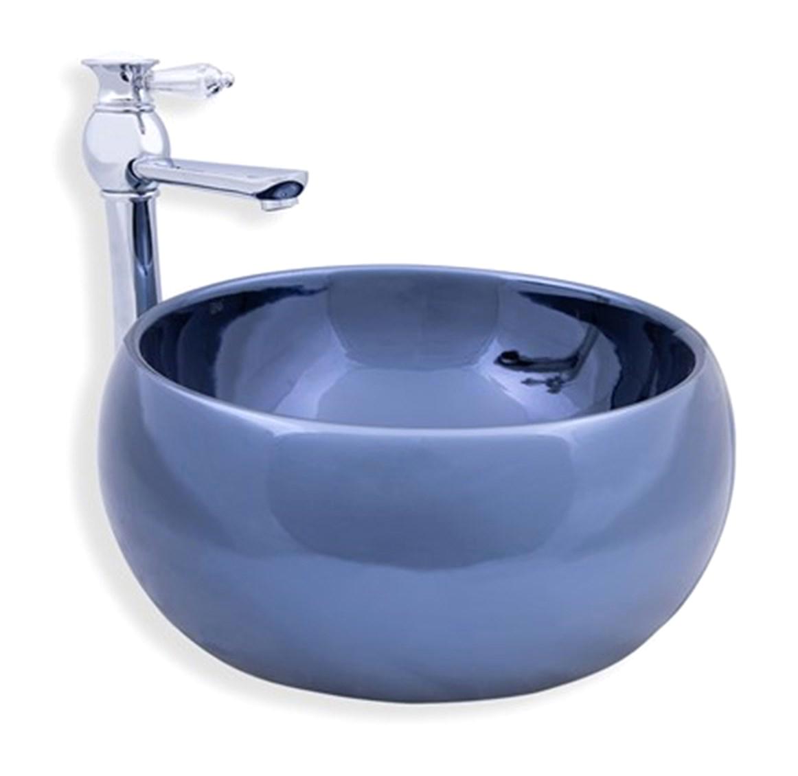 Lena E-5166L Dekoratif Tekli 40 cm Porselen Tezgah Üstü Yuvarlak Lavabo Mavi